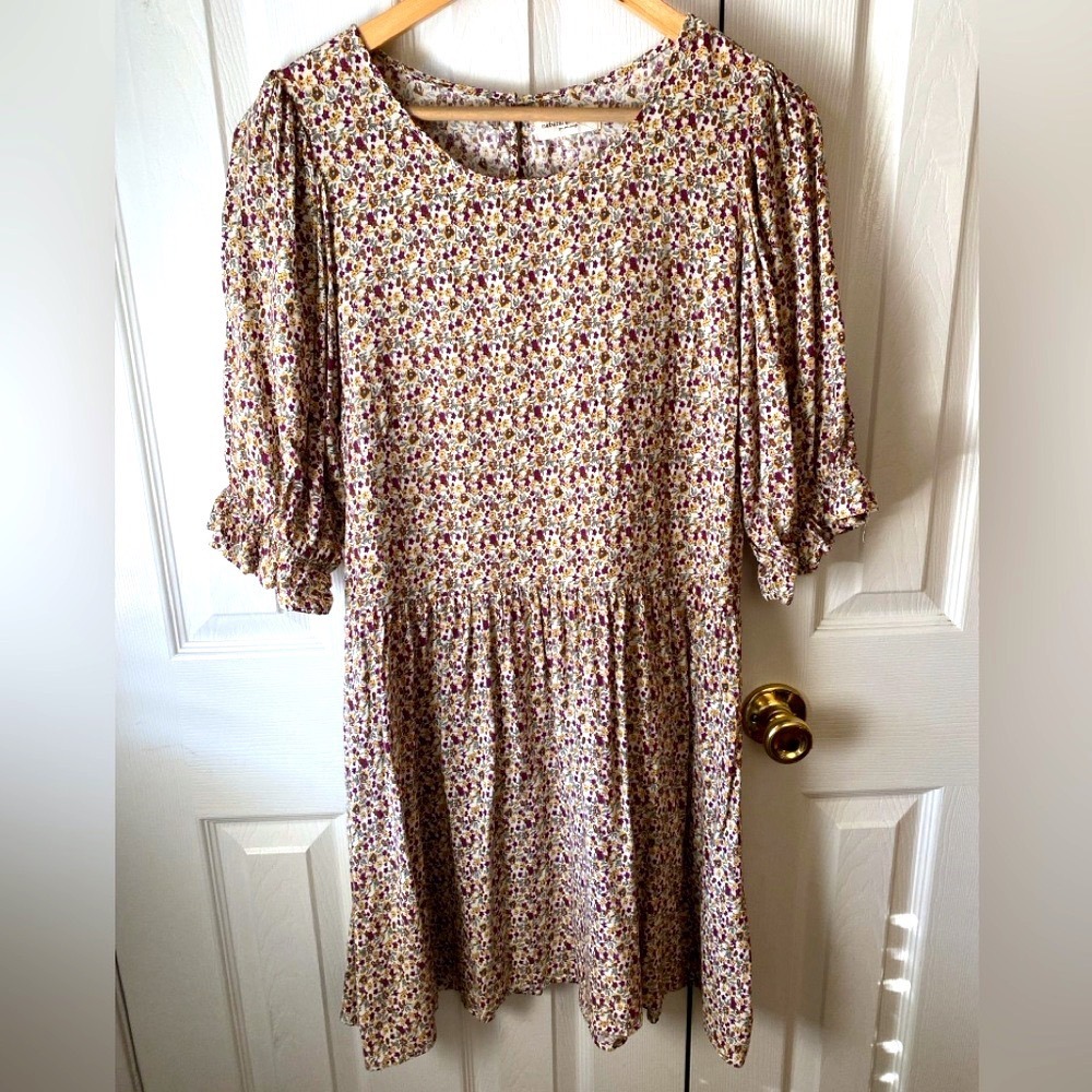 natural life Cream Ditsy Floral Cottagecore Puff Sleeve Lightweight Mini Dress M